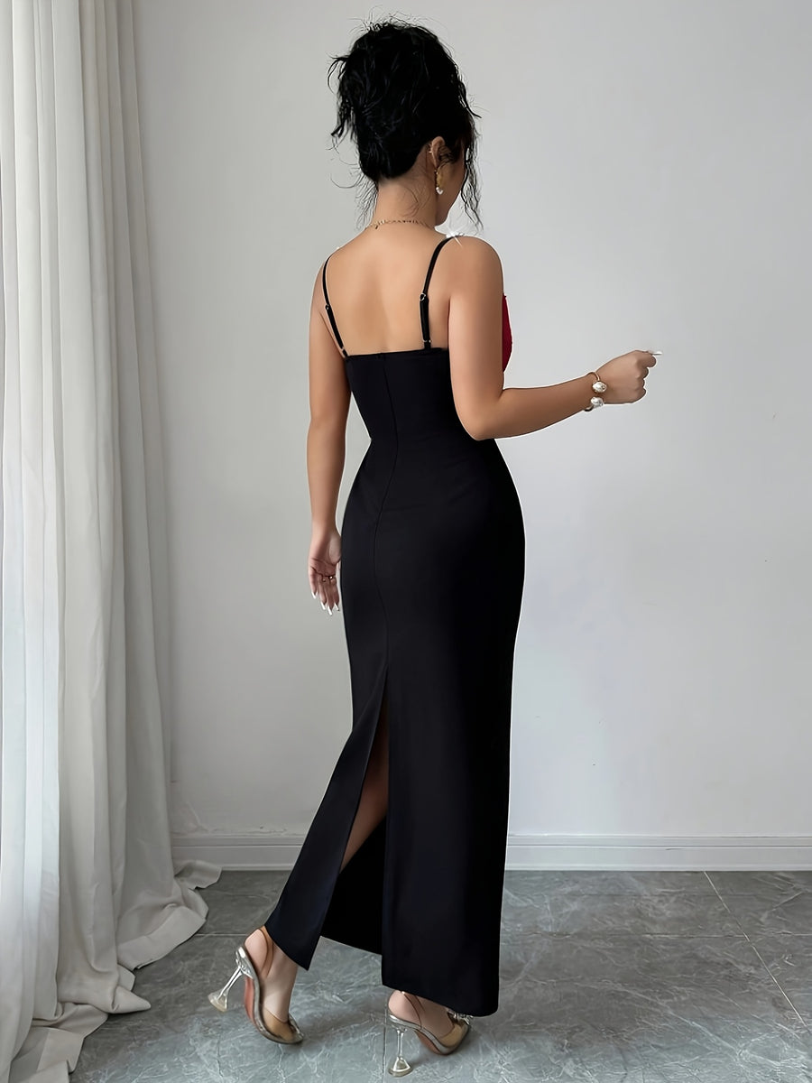 Elegant Romantic Women'S Bridesmaid Dress with Exaggerated Bow, Pearl Thin Straps, Cinched Waist, Straight Silhouette, Suitable for Dates, Gatherings, Parties, Birthdays, And Various Occasions - Black&Red