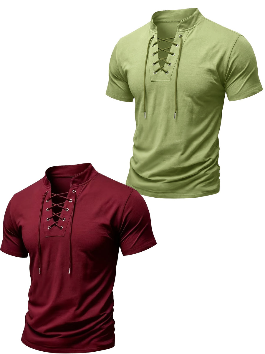 2026 New Men'S Casual Small Lapel Solid Color Short Sleeve, 2pcs Set - Military Green And Wine Red