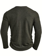 Men's Fashion Top, Autumn/Winter Casual Textured Ribbed Fabric Crew Neck Single-Breasted Long Sleeve Men's Henley Shirt - fern green