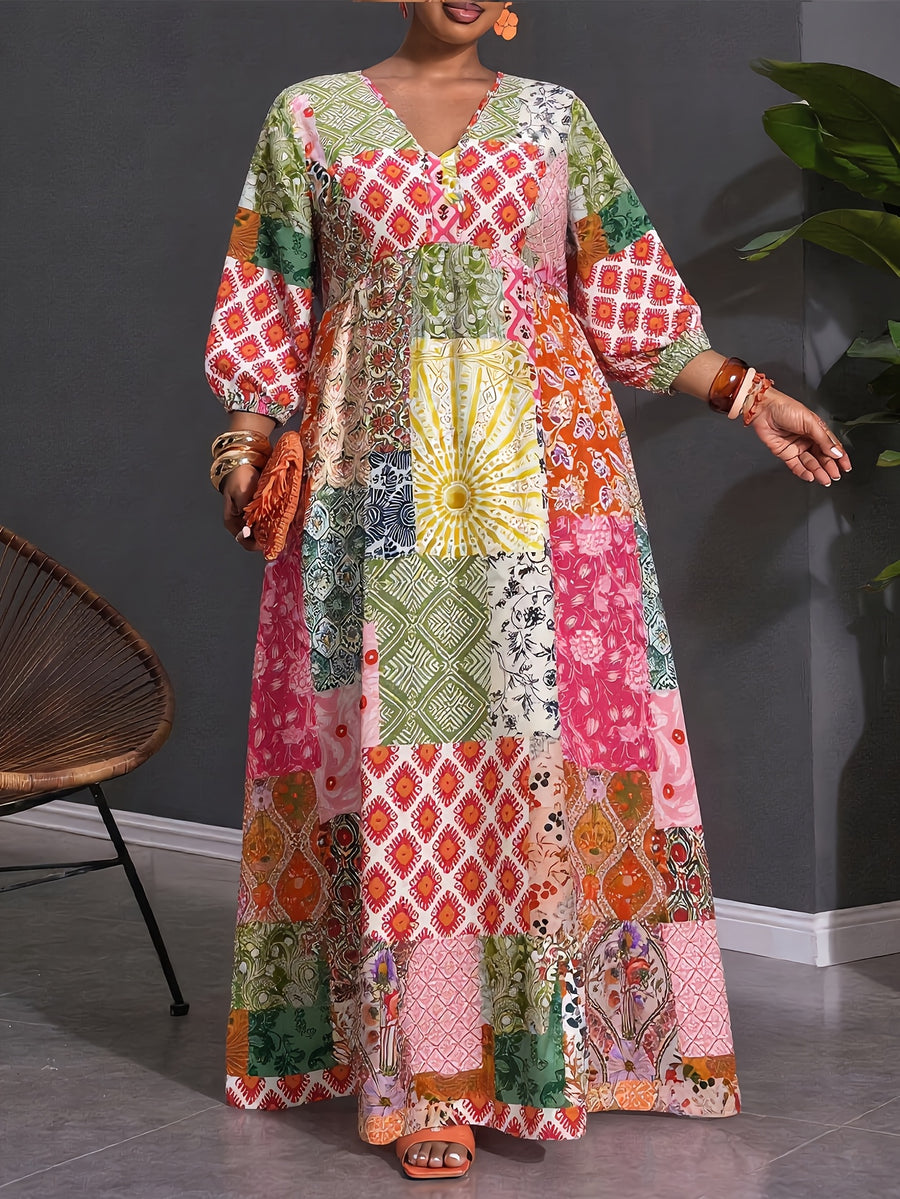 Plus Size, Plus Size Women's Bohemian Maxi Dress V-Neck Front Tie Waist Bell Sleeve -Line Dress with Patchwork Print & Elastic Waist Suitable for Petite Plus Figures, Wedding Guest Dress, Machine Washable Fall Winter Long Dress - Mixed colors