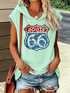 Loose Fit Comfortable Hooded Design Vintage Style Route 66 Highway Sign Printed Design Printed Pattern Comfortable All-Match Style Summer New Y2K Style Women'S Wear Elegant Fashion Comfortable T-Shirt Top - Viridity