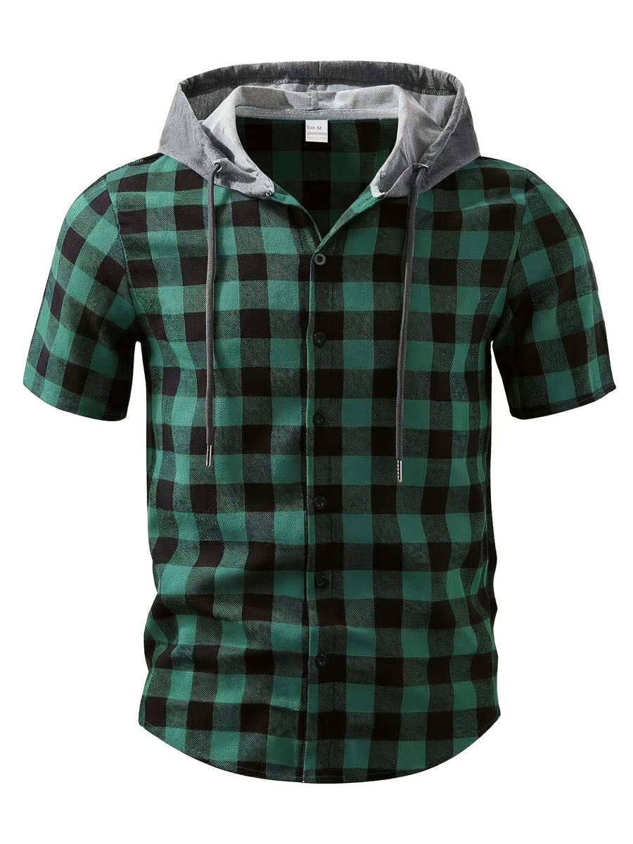 Men's Casual Plaid Hooded Short-Sleeve Hoodie, Summer Button Design, Suitable for Daily Outings, Casual Dates, and Trendy Summer Tops - Green And Black Plaid