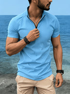 Men'S Summer Half Zipper Polo Short Sleeve Shirt - Featuring Ribbed Grooves for Breathability And a Half Zipper Stand Up Collar Design Detail, It Is Lightweight And Comfortable, Suitable for Casual Wear, Golf Or Outdoor Activities, Sportswear - Sky Blue