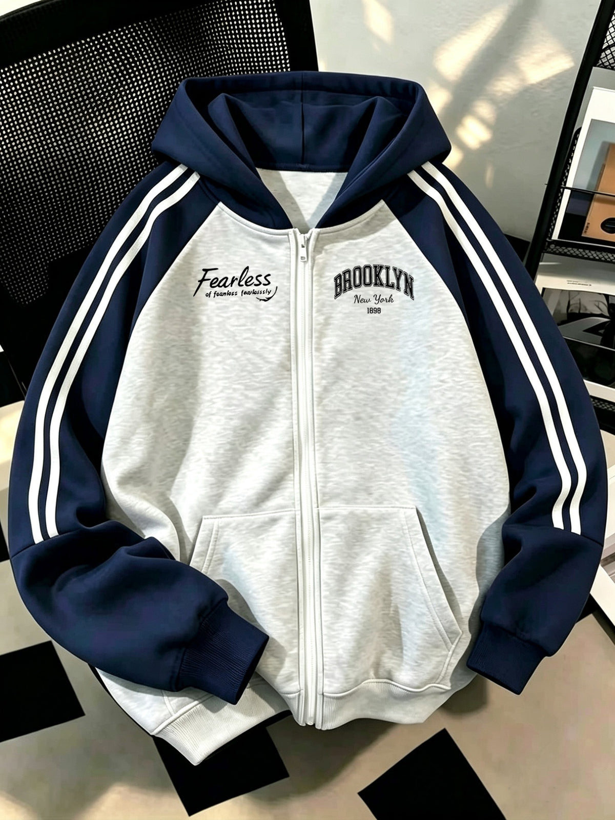 Men's Striped Shoulder Zip-Up Sweatshirt, Trendy Fearless Cursive Script Pattern + BROOKLYN Vintage Letter Double-Logo Print, Raglan Long Sleeve Cardigan Top - Light Twist Gray