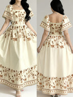 The Summer Floral-Themed Elegant Resort-Style Dress Features a Butterfly Wing Print Design, a Square Neckline And Short Sleeves, Is Equipped with a Waist-Cinching Design, And Has a Moderate Length - Apricot