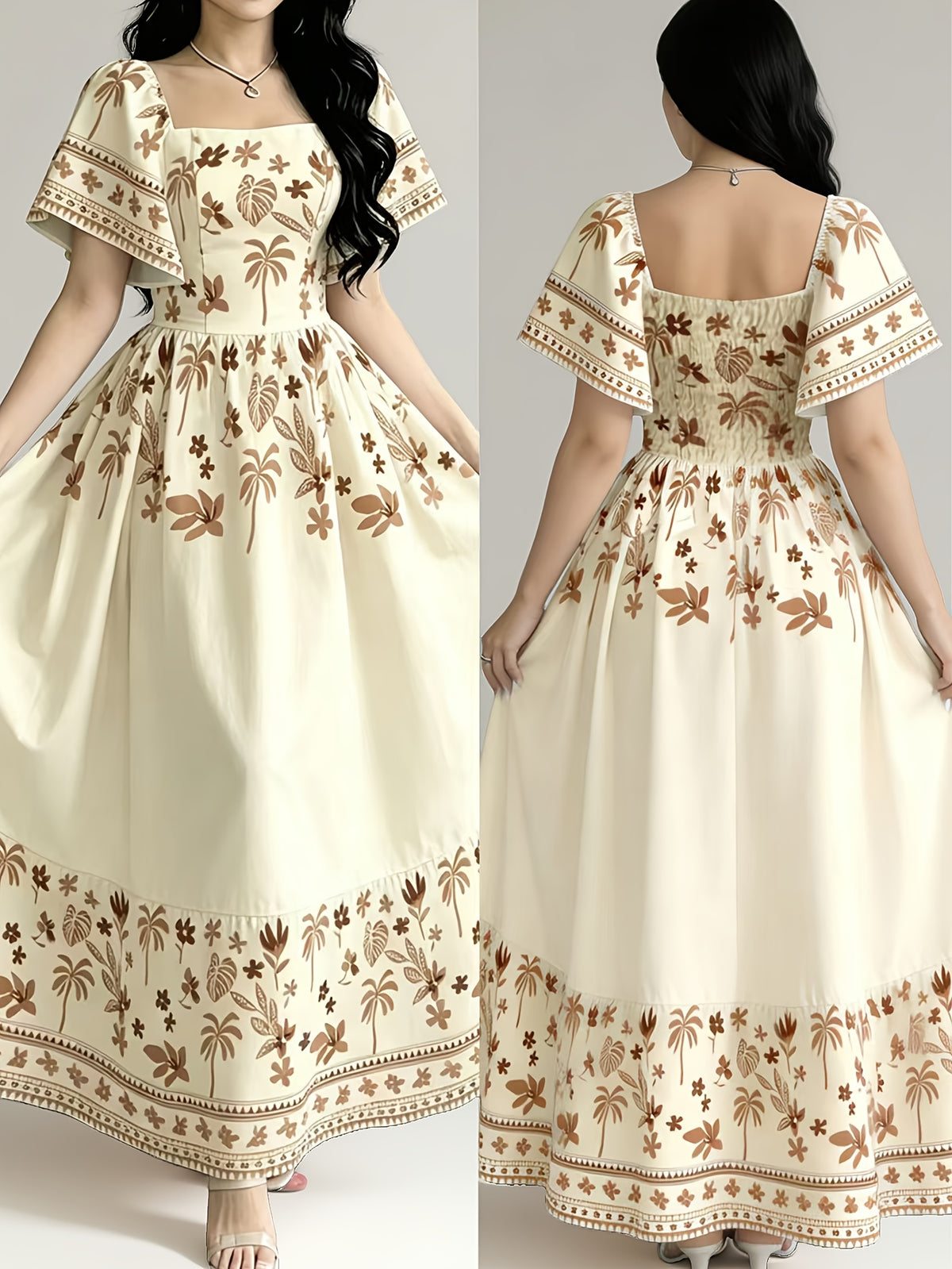The Summer Floral-Themed Elegant Resort-Style Dress Features a Butterfly Wing Print Design, a Square Neckline And Short Sleeves, Is Equipped with a Waist-Cinching Design, And Has a Moderate Length - Apricot