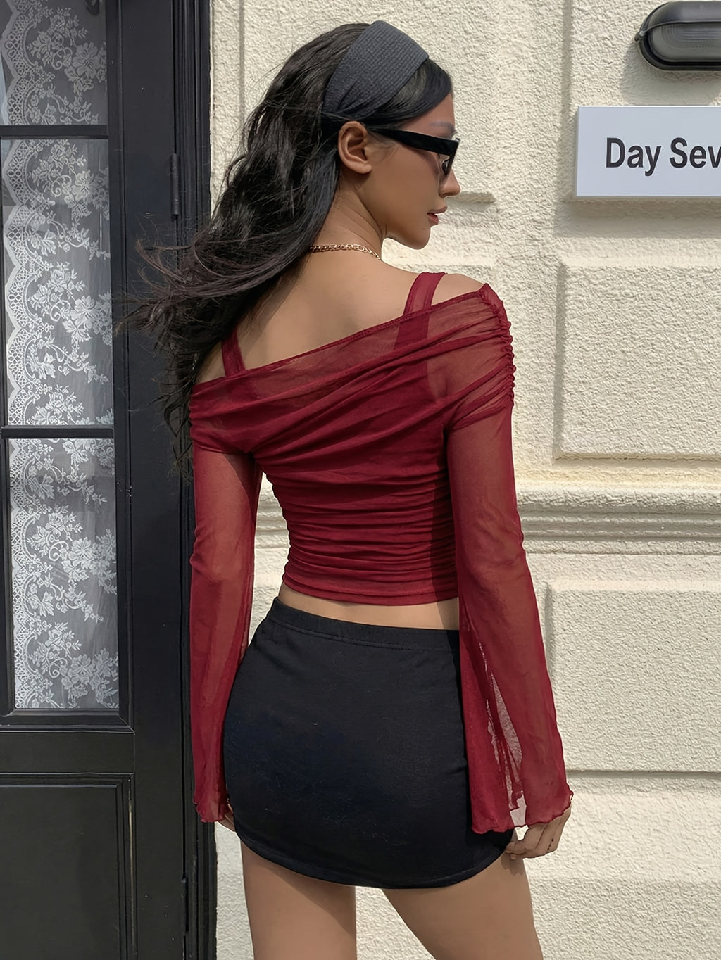 Slanted Collar Ruffled Flared Sleeve Fitted T-Shirt Off-Shoulder Top Mesh Sheer Off-Shoulder Top Summer & Autumn - Burgundy