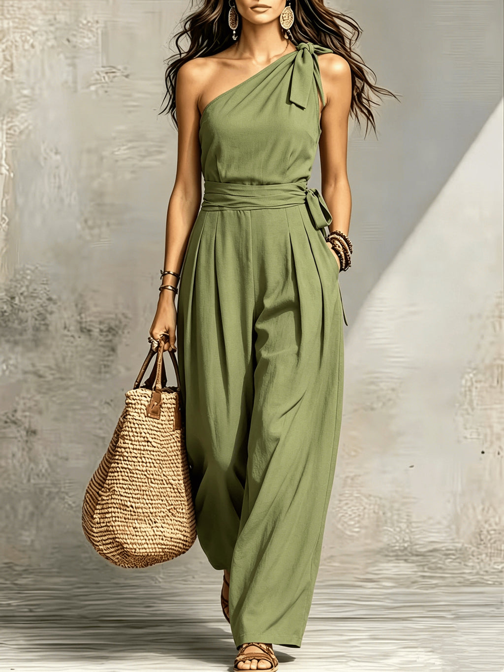 French Green One-Shoulder Jumpsuit for Women, 2026 Summer New Style Waist Commuting Tie-Dye Drape Wide-Leg Vacation Long Jumpsuit [ZLLZ] - Green