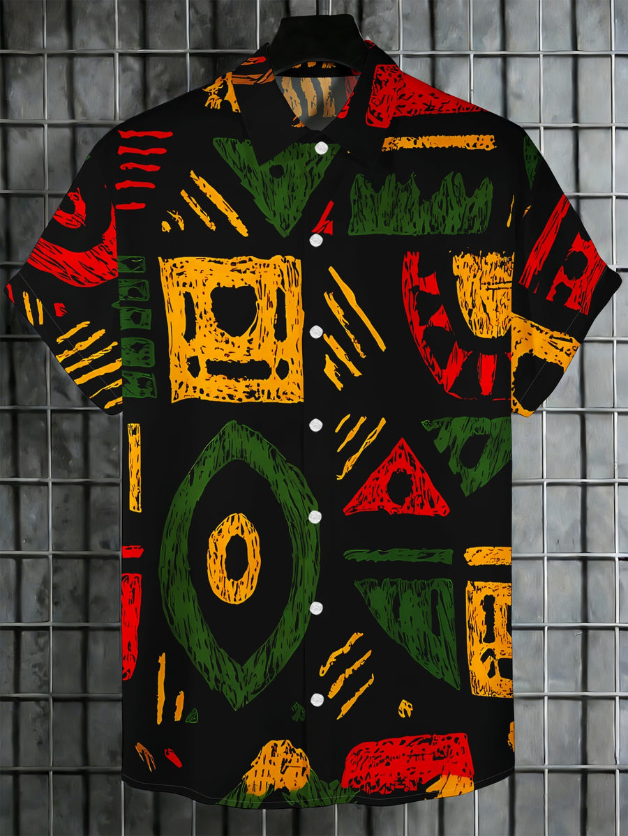 This Shirt Features a Black Base with Red, Yellow, and Green Geometric Prints, Showcasing a Unique Style - Multicolor