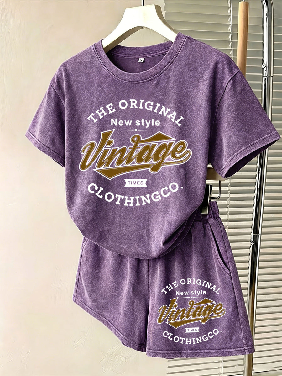 Summer Autumn Fashion Distressed Washed Short Sleeve Shorts with Drawstring Casual Women'S Set, Comfortable for Hot Weather, Classic Silhouette, Relaxed Fit, Casual Home And Outing Two-Piece Set - Dark Violet