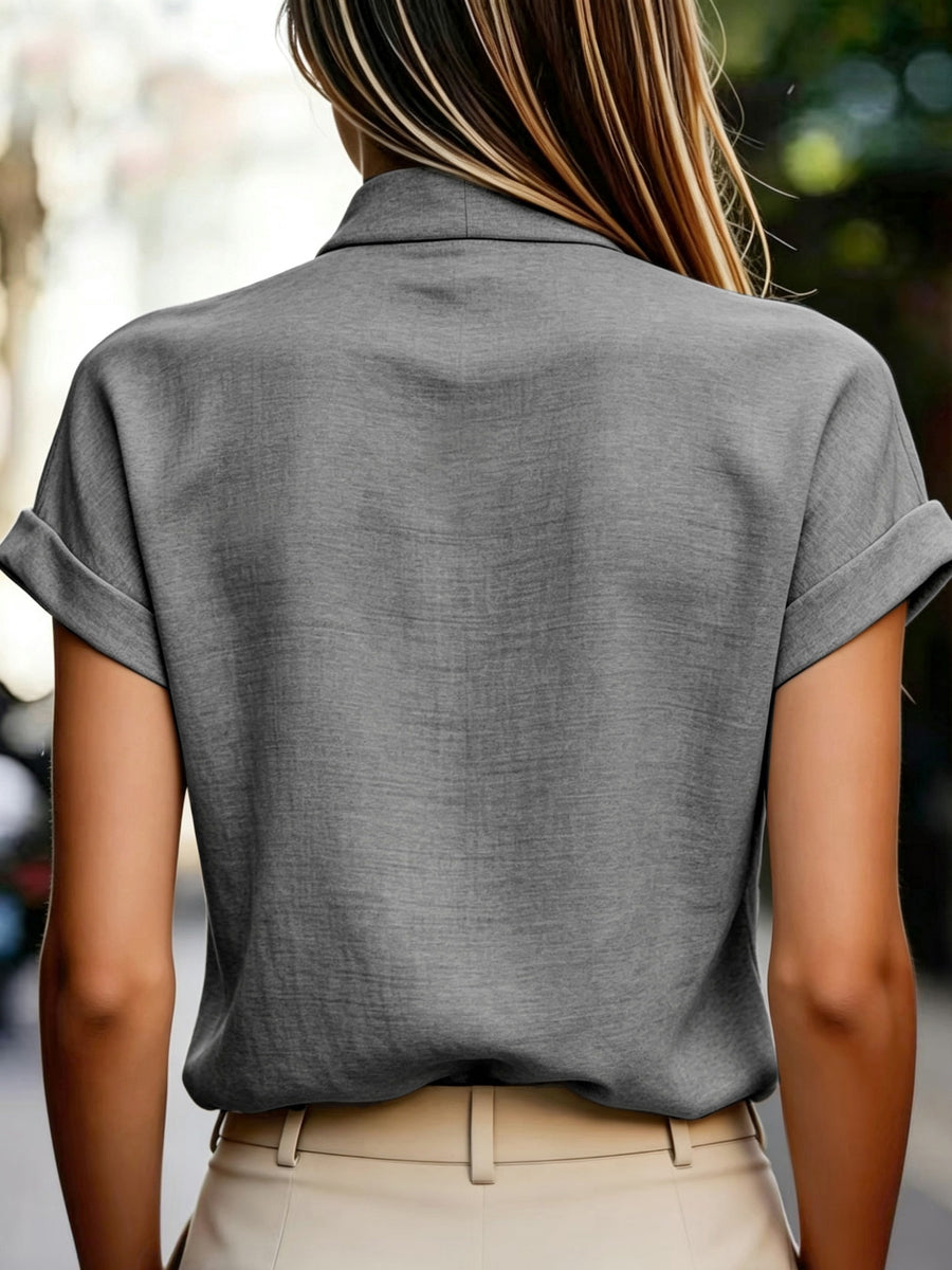 Spring and Summer Korean Style Easy V-Neck Ruffled Sleeve Shirt - Grey