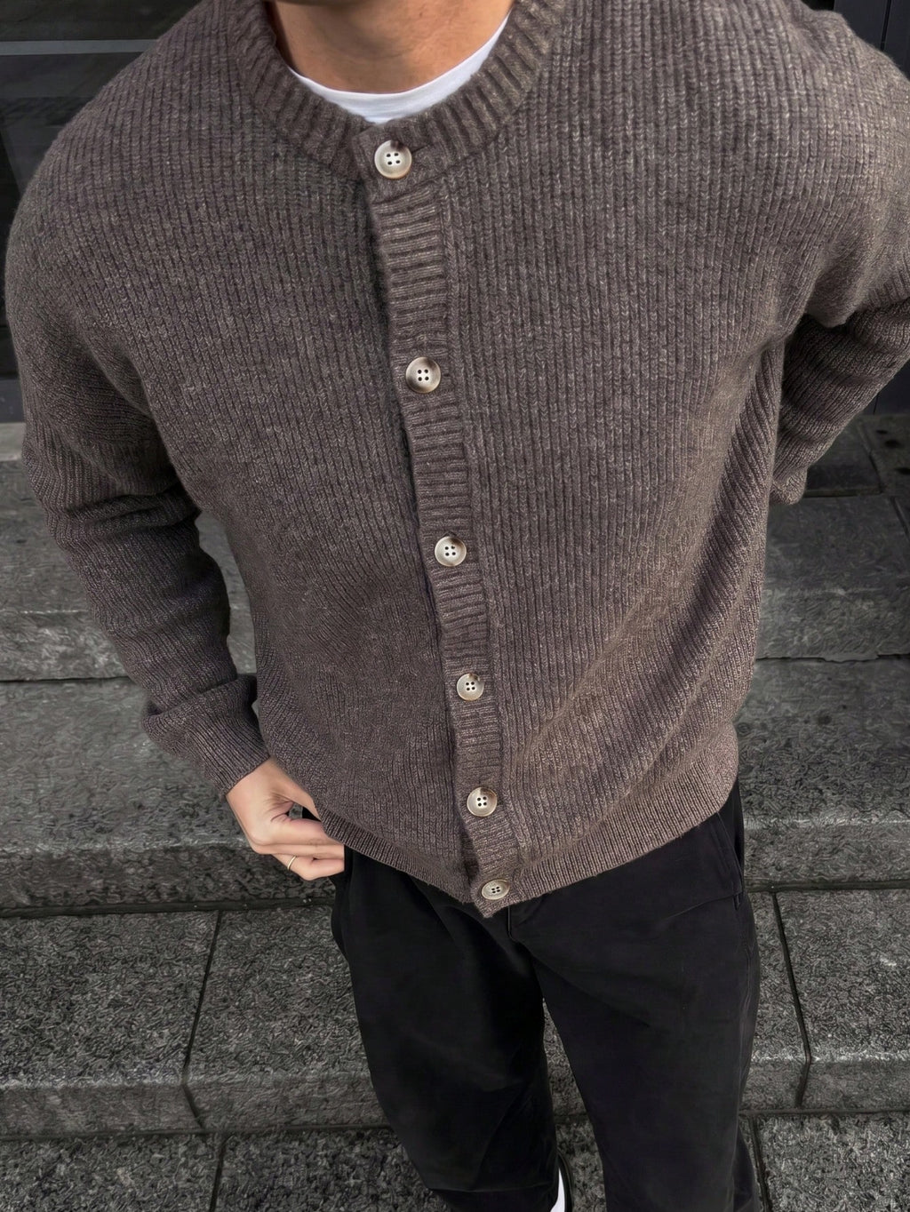 Autumn Winter 26 New Solid Color Round Neck Retro Thick Texture Sense Cardigan Unisex Outerwear Long Sleeve Sweater Khaki Short Length Open Front Jacket - Khaki
