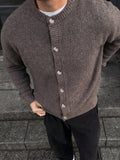 Autumn Winter 26 New Solid Color Round Neck Retro Thick Texture Sense Cardigan Unisex Outerwear Long Sleeve Sweater Khaki Short Length Open Front Jacket - Khaki