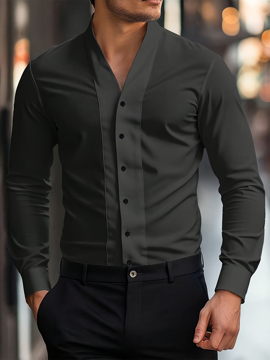 Men'S Solid Color V-Neck Shirt Casual Business Formal Shirt Slim Fit Long-Sleeved Social Party Shirt, Soft And Skin-Friendly Fabric, Suitable for Wearing in All 4 Seasons, Autumn, Stretchy, Office, Button - Dark Gray