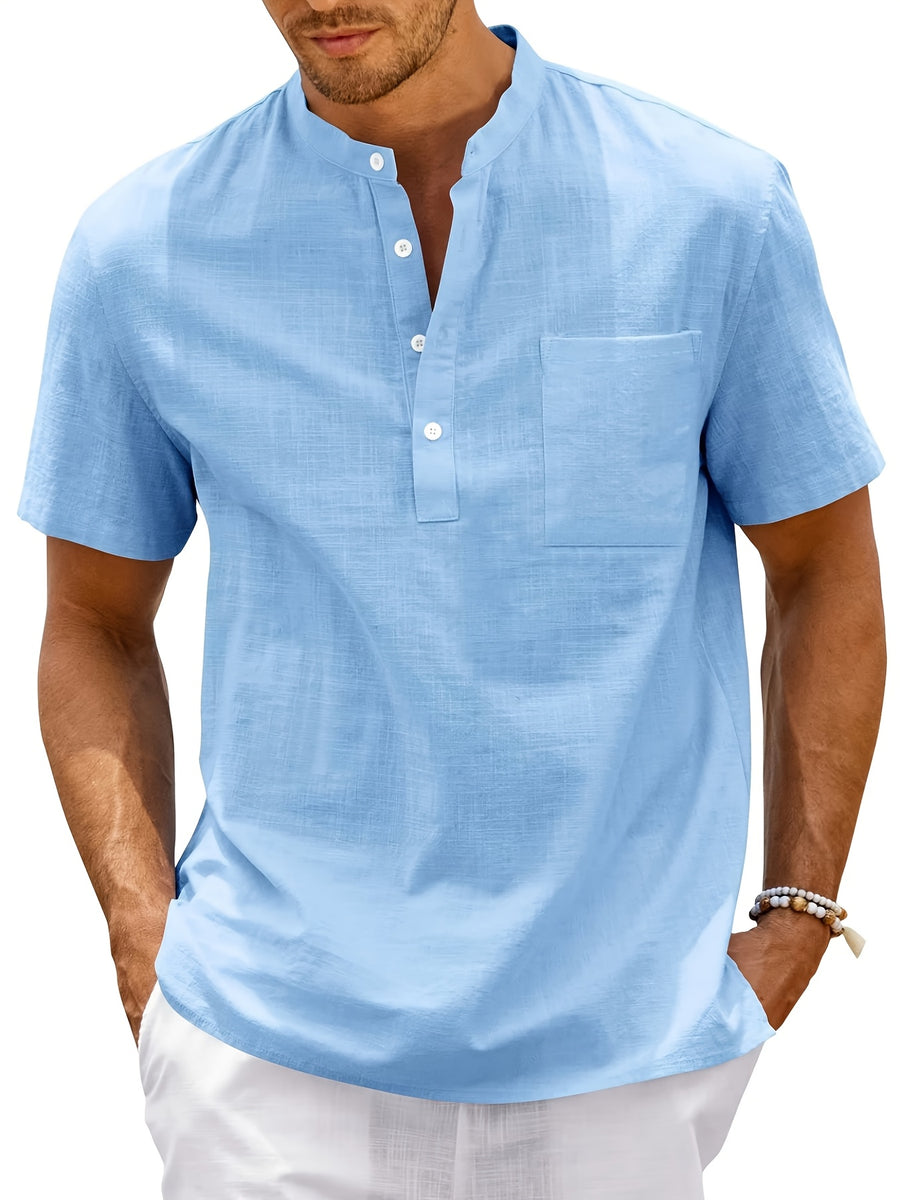 Men'S Summer Henley Collar Short Sleeve T-Shirt, Stand-Up Collar Casual Top, Breathable Linen, for Pool Parties, Beach Vacations, Ideal Choice for Beachwear Gifts - Sky Blue