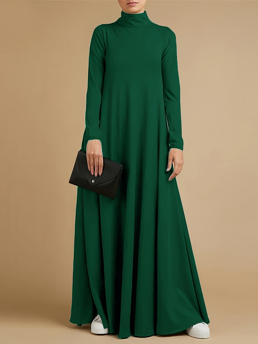 Women'S High Neck Long Sleeve Casual Loose Solid Color Long Dress - Dark Green