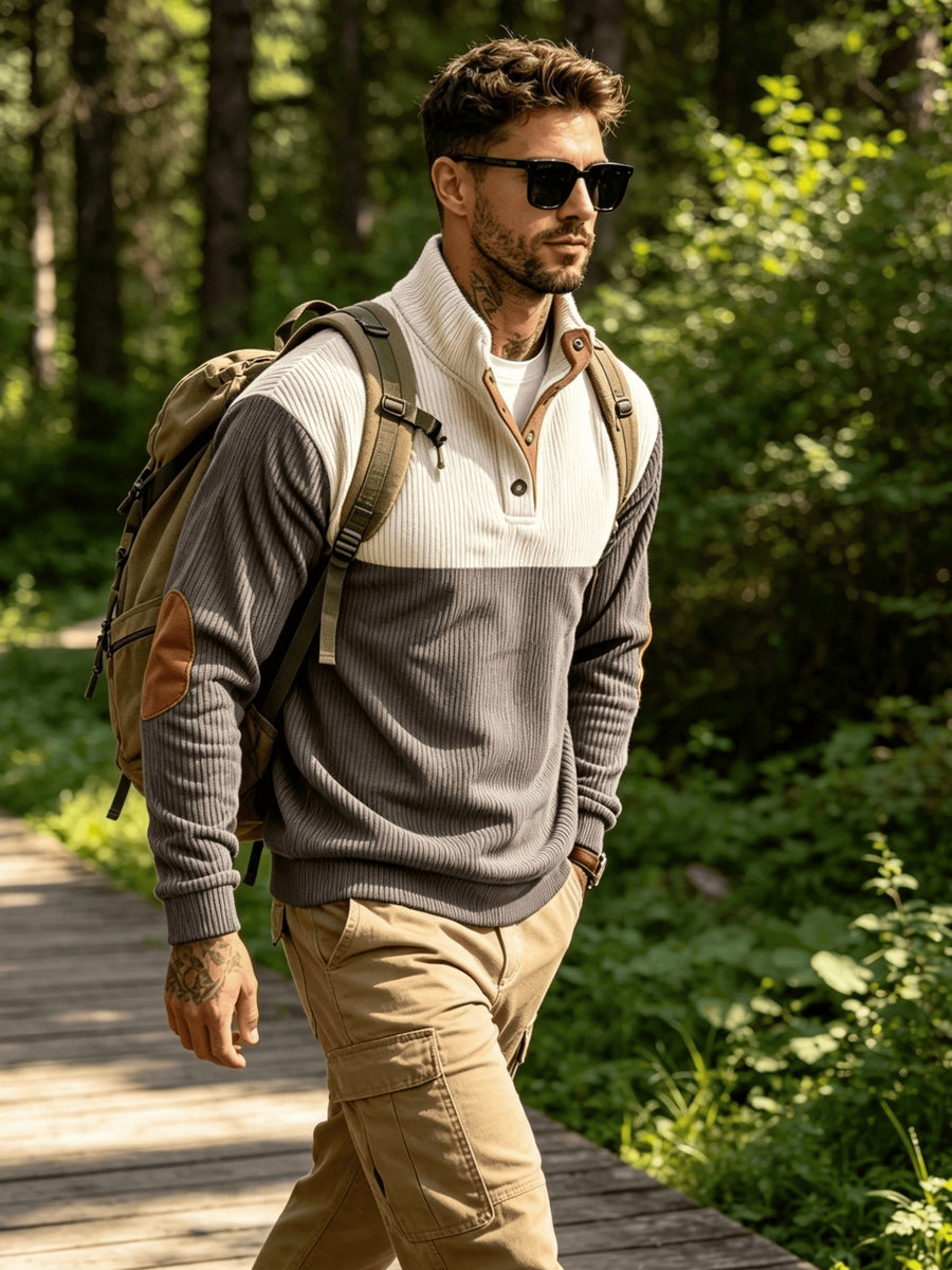 2026 New Men'S Color-Block Corduroy Sweatshirt - Casual Stand Collar, Long Sleeve with Ribbed Cuffs And Hem, Button Detail, Machine Washable - Elegant Two-Tone Patchwork for Fall, Autumn Fashion | Color-Block Design | Stretchable Fabric - Dark Brown