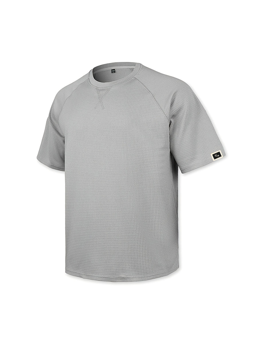 Men'S Waffle Knit Crew Neck T-Shirt, Lightweight And Breathable Short Sleeve Casual Tee with Premium Fashion Handcrafted Labeling. Comfortable Loose-Fit Summer Top Perfect for Daily Wear, Street Style, Vacations, Travel, Outdoor Activities - Grey