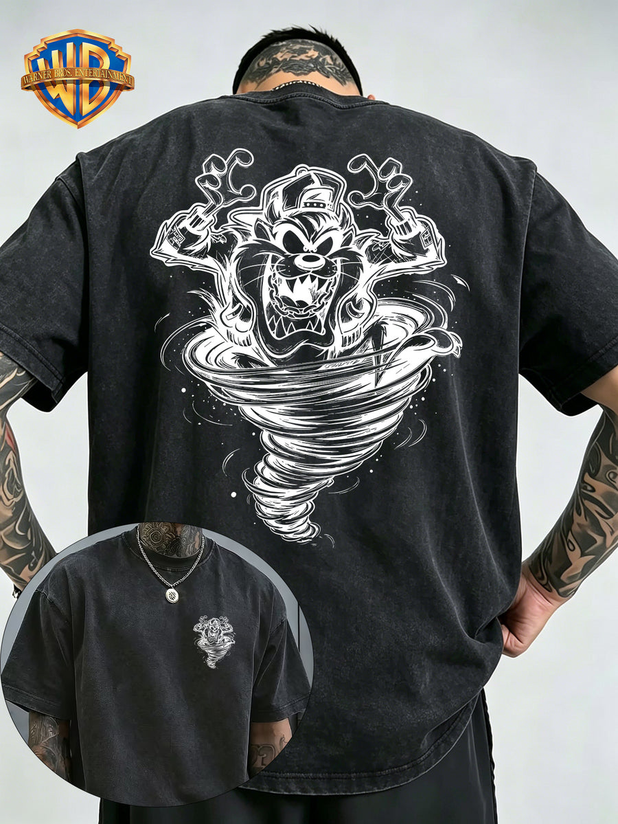 Whirlpool Mouth Monster Print Washed T-Shirt, Men'S 100% Fabric, Casual Comfortable Style, Loose Fit Breathable Short Sleeve Men'S Casual Top, Distressed Washed Loose Fit - Black