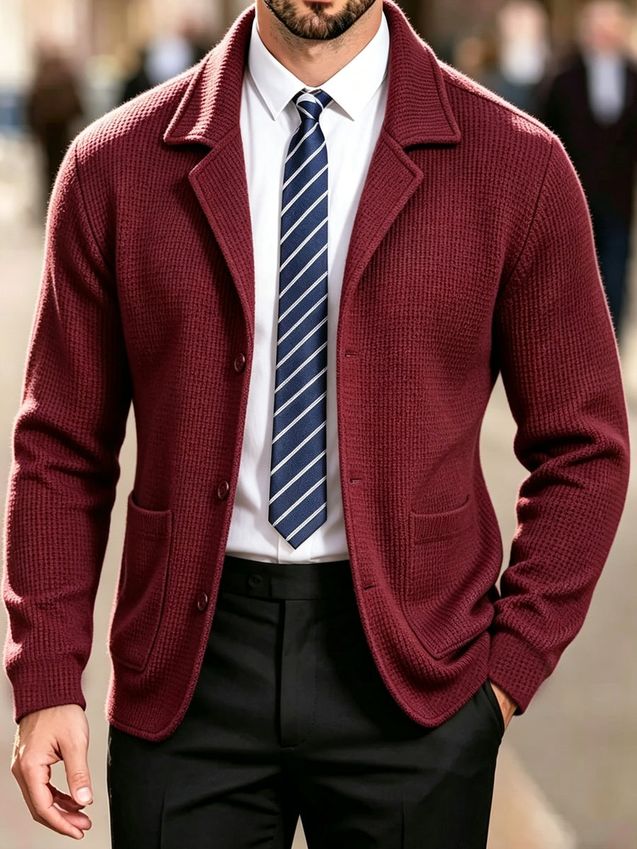 Men's Waffle Knit Cardigan Jacket - Soft Relaxed-Fit Lapel Coat with Double Suitable for Business Casual, Blazer for Daily Commuting, Travel & Gifts, Machine Washable Winter Coat (Father's Day Gift for, Boyfriend) - Burgundy