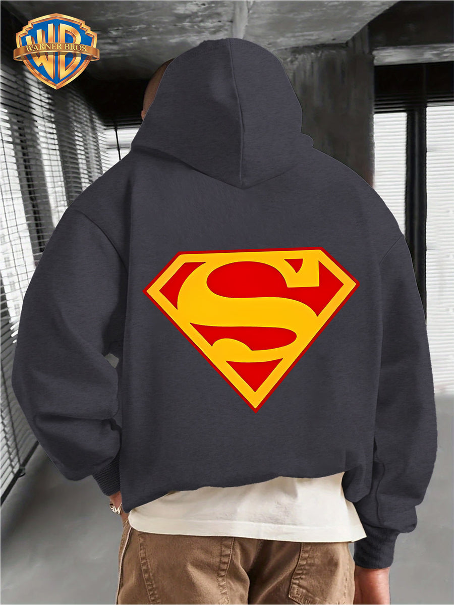 WB Men's Superman 'S' Logo Hooded - Iconic WB Logo & Superman Emblem Print Hoodie, Loose-Fit Casual Pullover with Hood, Fall/Winter Warmth, Machine Washable Suitable for Fall/Winter Warmth, Iconic Superman - Dark Gray