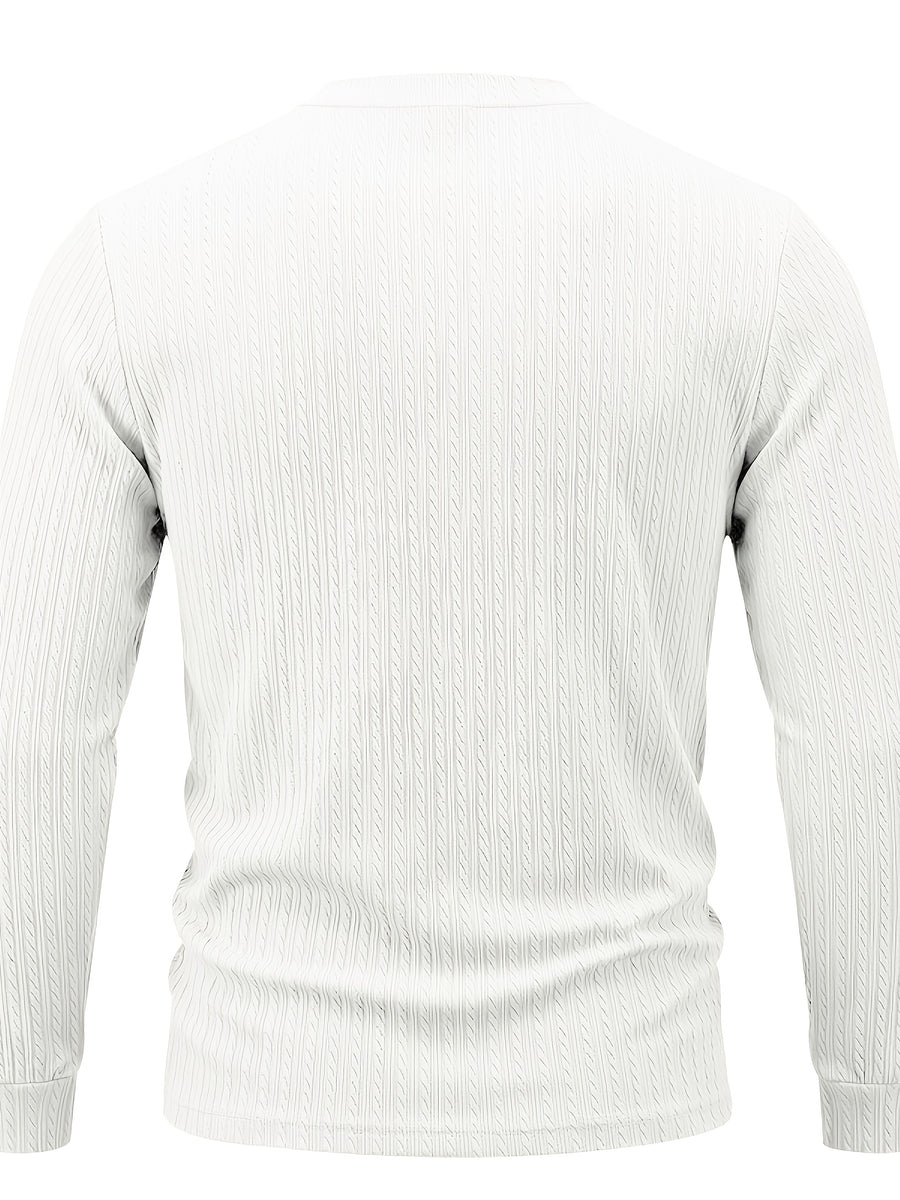 1pc Men's Casual Jacquard Henley Shirt, Autumn/Winter Stretchy Striped Jacquard Textured Fabric Long-Sleeve Polo Shirt, Outdoor Sports Versatile Base Layer Top - White