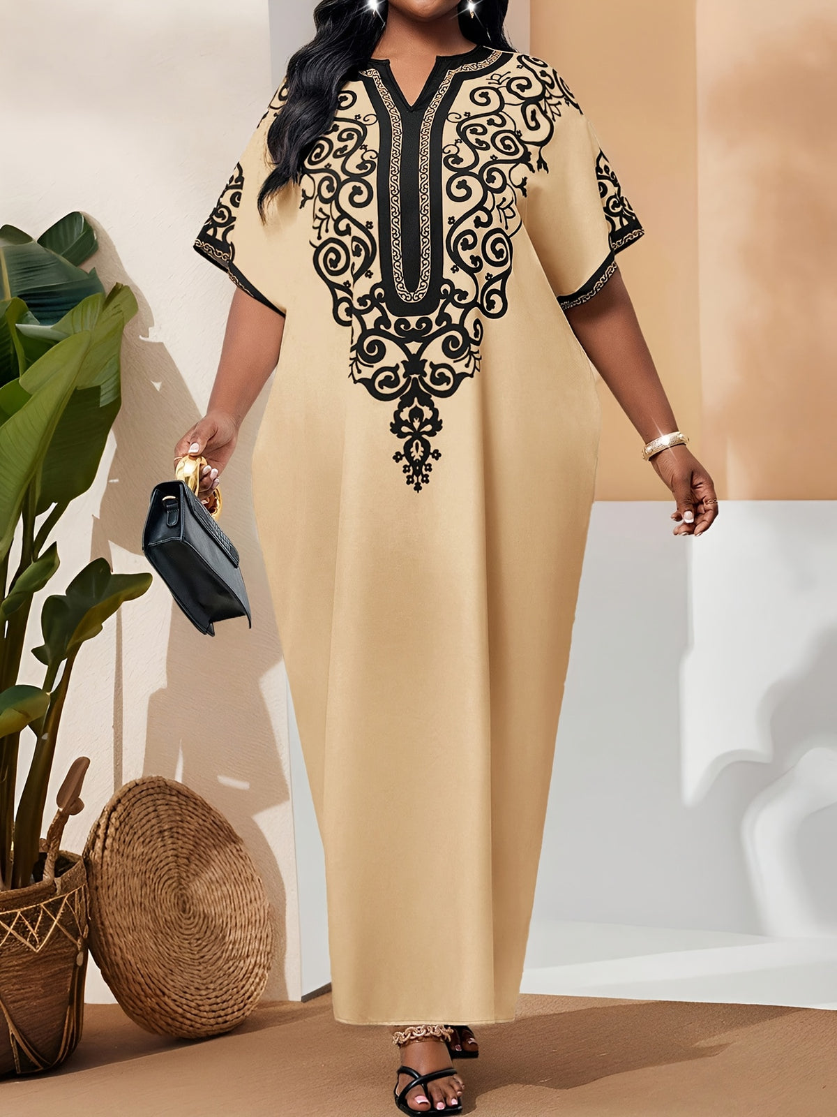 Spring/Summer Vacation Home Dress for Women, Light Khaki/Black Baroque Print, Notched V-Neck, Batwing Half Sleeves, Loose Straight-Cut Maxi Dress, Cropped Length - Light Beige