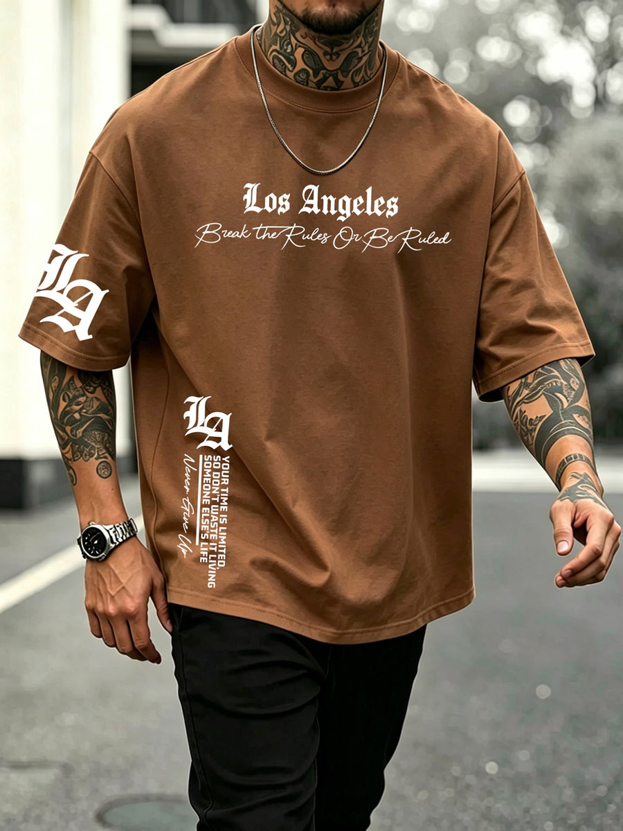 Men's 100% Pure Cotton T-Shirt, Los Angeles Letter Print, Comfortable and Breathable, for Spring/Autumn Casual Daily Wear - Coffee Brown
