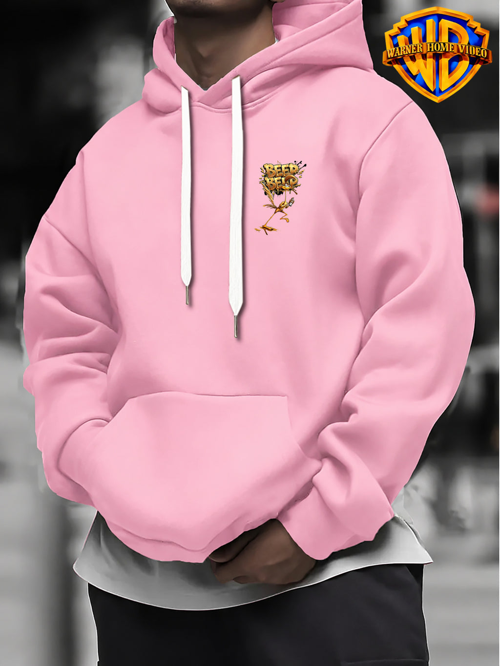 [Warner Bros. Official License] Retro Hip-Hop Golden BEEP Letter Spray Beep Bird Unisex Print Hoodie for - Men'S Fashion Sweatshirt with Double-Sided Print, Adjustable Drawstring Loose Comfortable Hoodie, Suitable for Daily And Outdoor Wear - Pink
