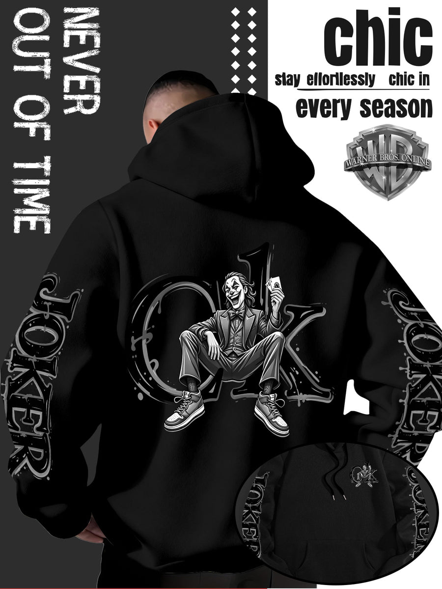 Men'S Hooded Sweatshirt, Western Trendy Cool Black And White Sketch Joker Theme Print, Sleeves with Same Series Splatter Art Lettering, Breathable And Skin-Friendly Fabric, Showcasing ' Fashion Sense, Ideal Gift for Holidays And Birthdays - Black