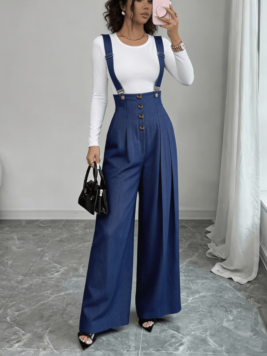 Spring And Autumn Solid Color Temperament Strap Wide Leg Pants Cross Strap High Waist Look Thin Workplace Commuter Suit Trousers - Deep Sky Blue