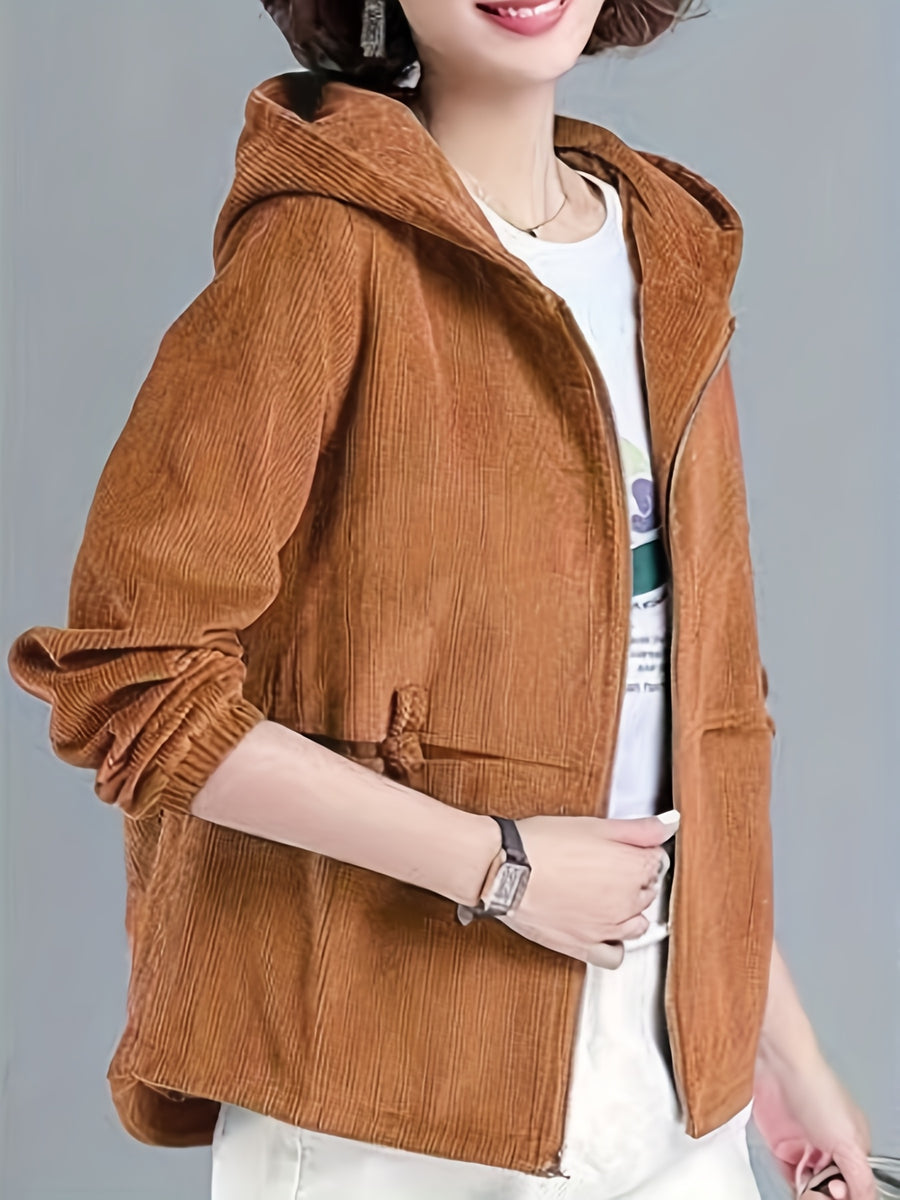 2025 Autumn Fashion Hooded Zipper Jacket for Women Korean Corduroy Loose Zipper Cardigan Versatile Slim - Rust