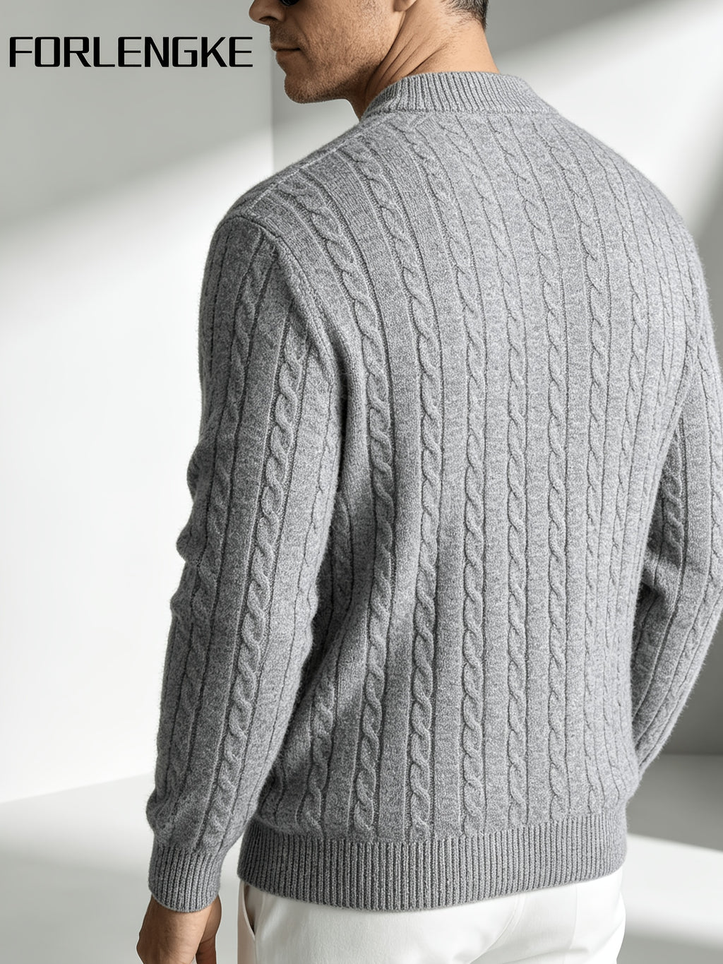 FORLENGKE Men'S Vintage Cable Knit Henley Sweater, Soft Warm Half-Button Pullover for Autumn Winter Daily Business Wear - Grey