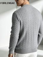 FORLENGKE Men'S Vintage Cable Knit Henley Sweater, Soft Warm Half-Button Pullover for Autumn Winter Daily Business Wear - Grey