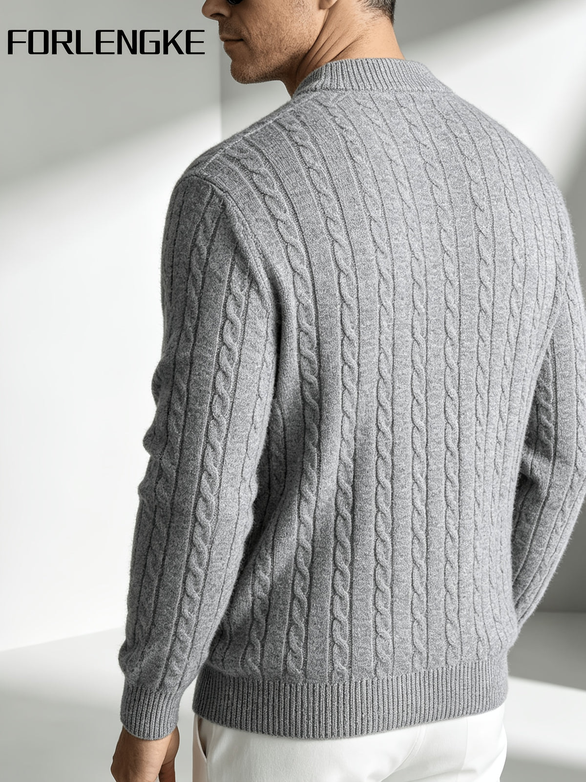 FORLENGKE Men'S Vintage Cable Knit Henley Sweater, Soft Warm Half-Button Pullover for Autumn Winter Daily Business Wear - Grey