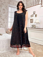 Elegant Lace Trim Nightdress with Small Floral Print - Soft Round Neck Sleepdress Suitable for Year-Round Wear, Machine Washable Bed Nightgown for (Non-) - Multicolor