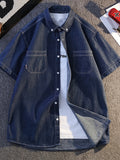 Men's Slim-Fit Short-Sleeve Denim Shirt, Summer All- Casual Shirt, Suitable for Work and Leisure Occasions, Multiple Sizes Available - Navy Color