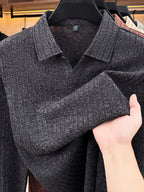 Men's Buttonless V-Neck Long-Sleeve Polo Shirt with Vertical Stripe Knit Lapel - Black