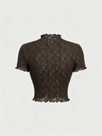 Lace Floral Jacquard Thin Women'S T-Shirt, Dreamy And Romantic, Suitable for Dates, Gatherings, Summer And Spring Wear, Spring Break, Vacation, Picnic, Holiday, Birthday, Etc - Coffee Color