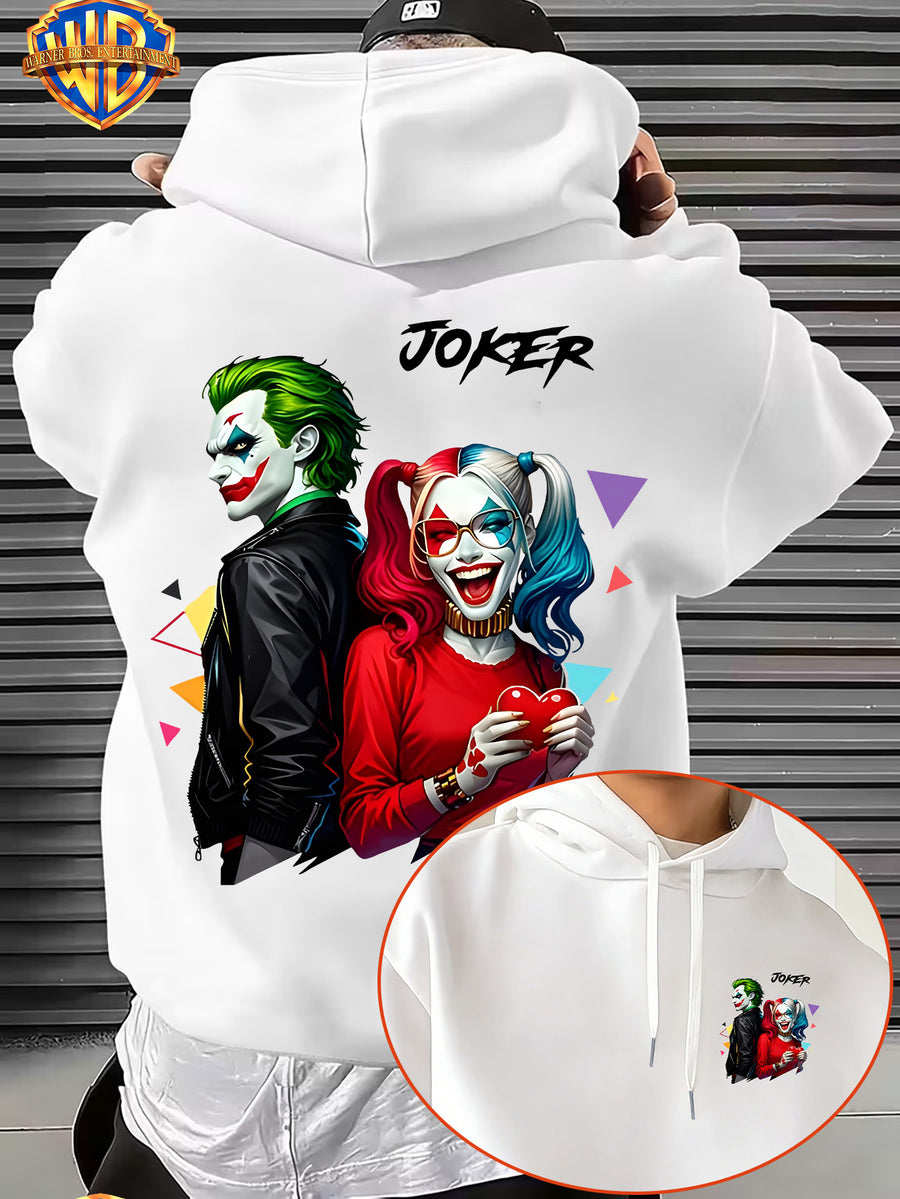 Warner Bros. American Comic-style Joker and Harley Quinn Back-to-back Design, JOKER Title Character with Heart Graphic and Colorful Triangle Accents, Trendy and Cool Printed Men's Fashion Hooded Sweatshirt, Sleeve Print Design, Kangaroo Pocket - White