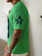 JANE DRESSINGLOG Men'S Summer Digital Design Color-Block V-Neck Short Sleeve Hollow Knit Top, Men'S Summer Casual Football Style Sweater, Suitable for Sports Casual Daily Wear - Green Blue