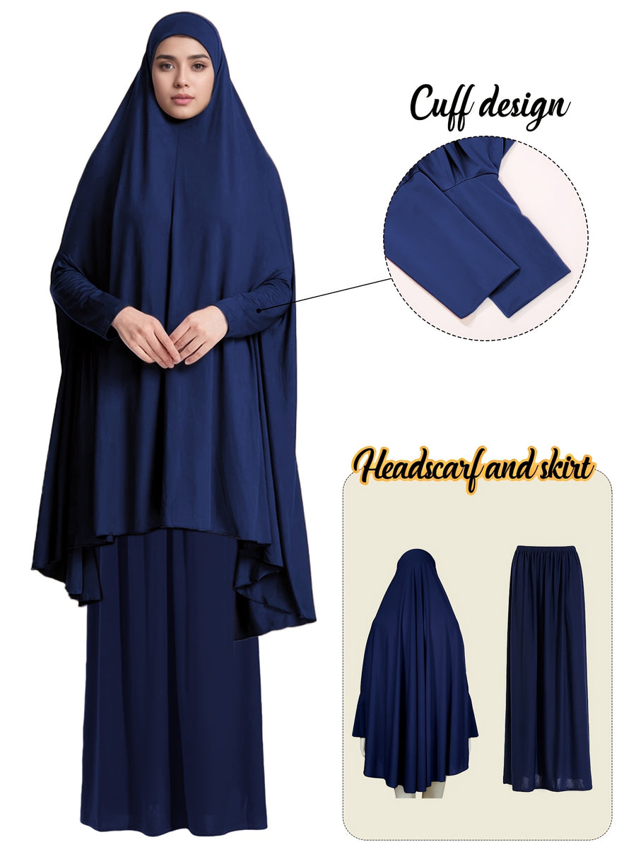 2pcs Women'S Solid Color Robe And Skirt Set, a Conservative And Elegant Outfit for Everyday Wear, Featuring Sleeves Inspired by Middle Eastern Traditional Culture, Abayas - Navy Color