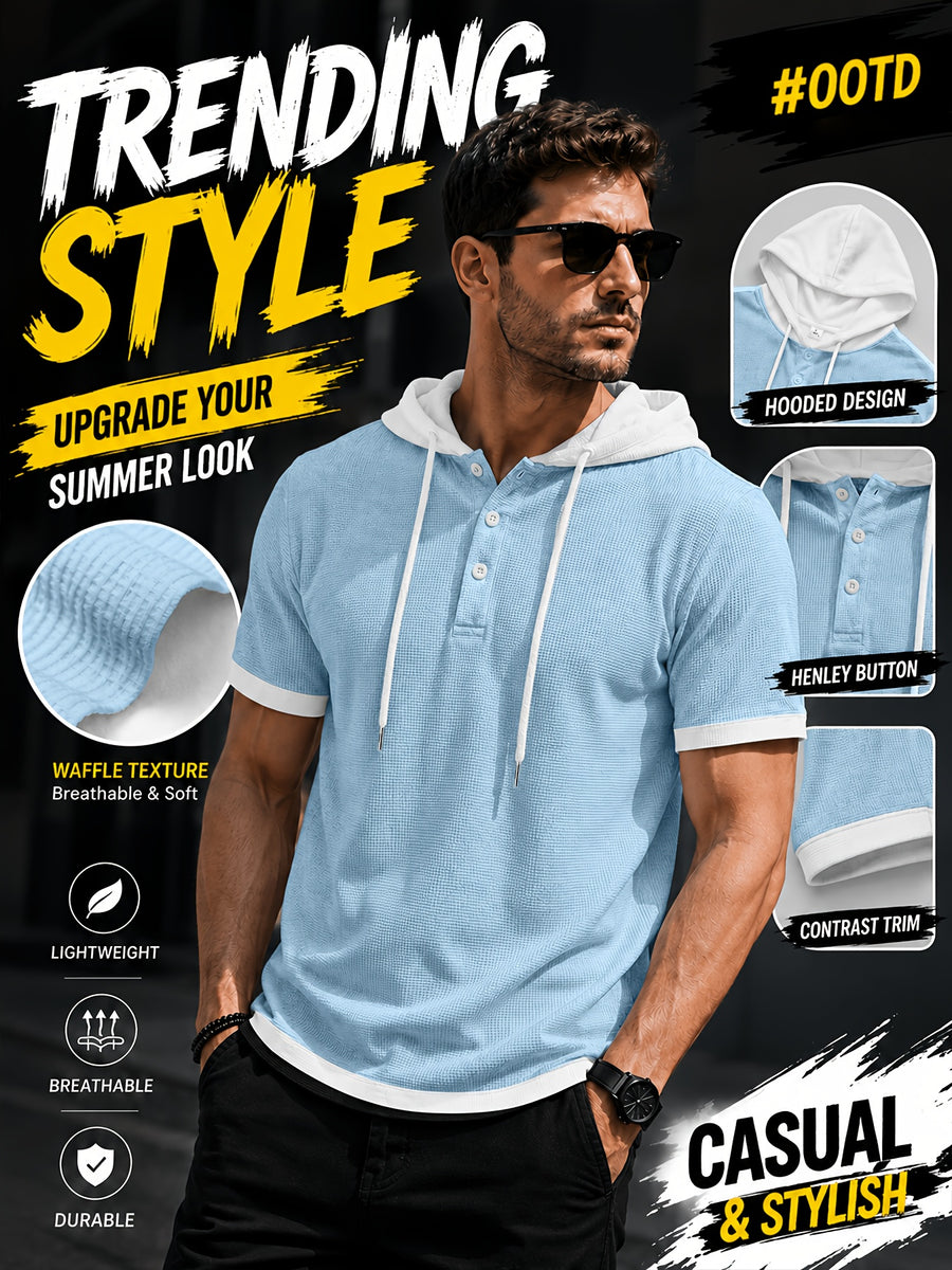 [Qiaoximei Obm] Summer Men'S High-Quality Waffle-Gore Hooded Short Sleeve T-Shirt - Individual Fashion Statement with Special Design Texture Fabric, Adjustable Drawstring And Buttons, Suitable for Gym Fitness Wear - Sky Blue