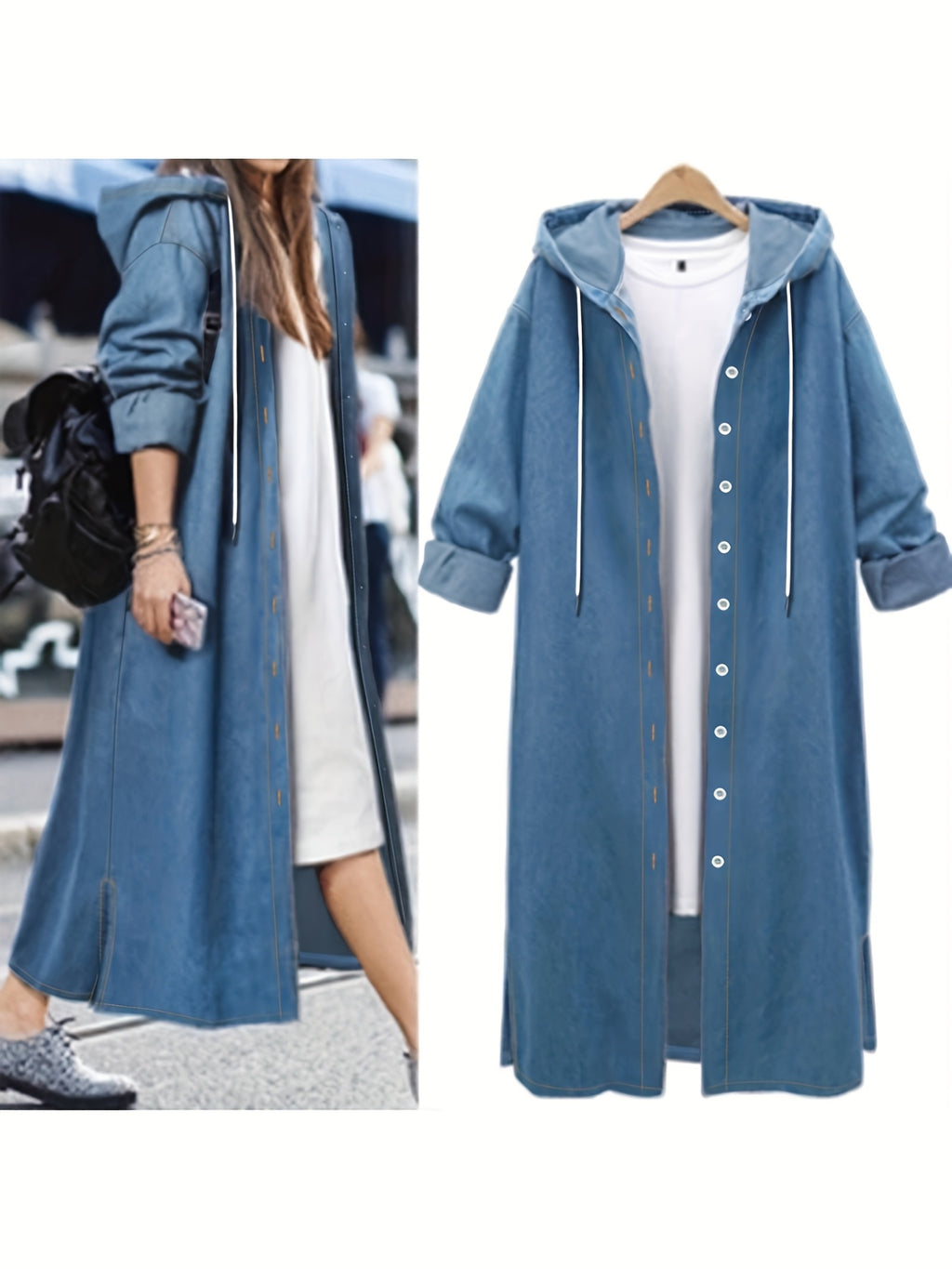 Plus Size, [Printed Pants - Not Denim Fabric] Women's Hooded Long Imitation Denim Jacket, Casual Button-Up, Loose Fit with Drawstring, Long Sleeves, Pockets - Peacock Blue