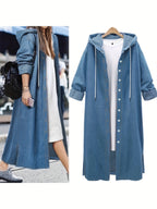 Plus Size, [Printed Pants - Not Denim Fabric] Women's Hooded Long Imitation Denim Jacket, Casual Button-Up, Loose Fit with Drawstring, Long Sleeves, Pockets - Peacock Blue