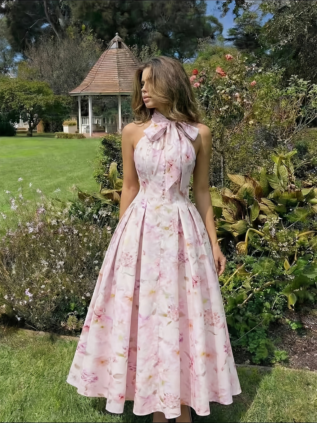 Women' Elegant Halter Neck Sleeveless Bridesmaid Dress with Bow Neckline & Waist-Cinching A-Line Silhouette - Machine Washable Wedding Dress Suitable for Beach Parties, Prom, Wedding Attire, Casual Wear - Bridesmaid Dresses - Pink