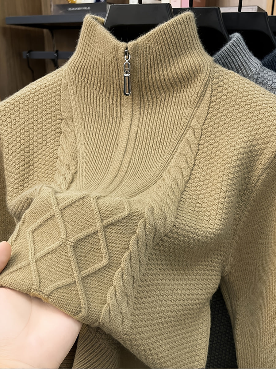 Men'S Thickened Semi-Open Zipper Stand Collar Knit Sweater, Ribbed Cuffs And Hem, Autumn/Winter Style, Single Wear And Layering, Light Mature Business Casual Style - Yellow Camel