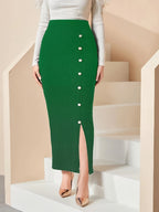 Elegant Button-Front -Line Skirt - Slim-Fit Split Hem with Slit, Beltless Suitable for Spring Summer Fall, Casual to Dressy Occasions - Emerald Green