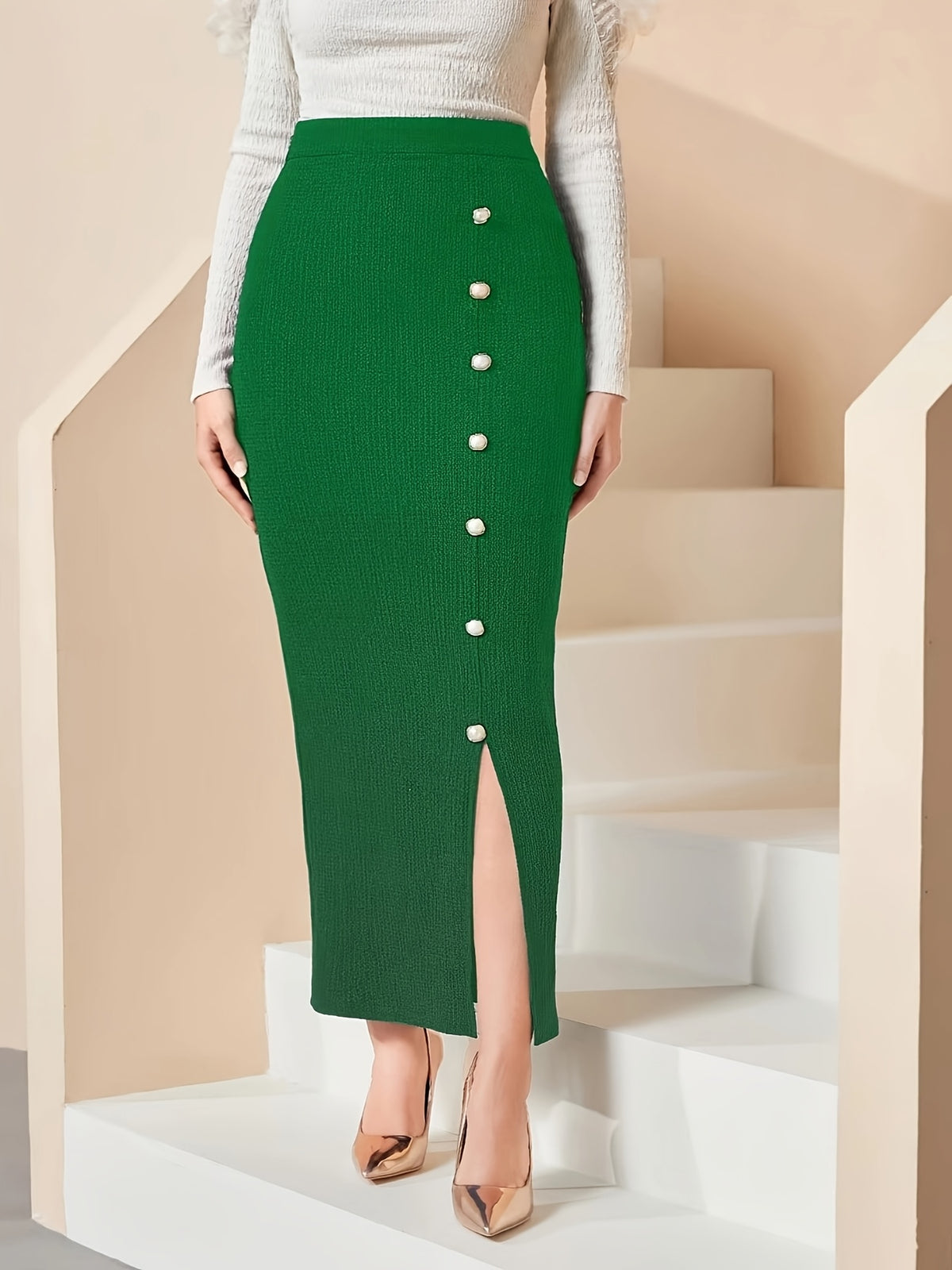 Elegant Button-Front -Line Skirt - Slim-Fit Split Hem with Slit, Beltless Suitable for Spring Summer Fall, Casual to Dressy Occasions - Emerald Green