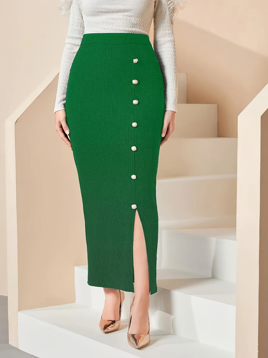 Elegant Button-Front -Line Skirt - Slim-Fit Split Hem with Slit, Beltless Suitable for Spring Summer Fall, Casual to Dressy Occasions - Emerald Green